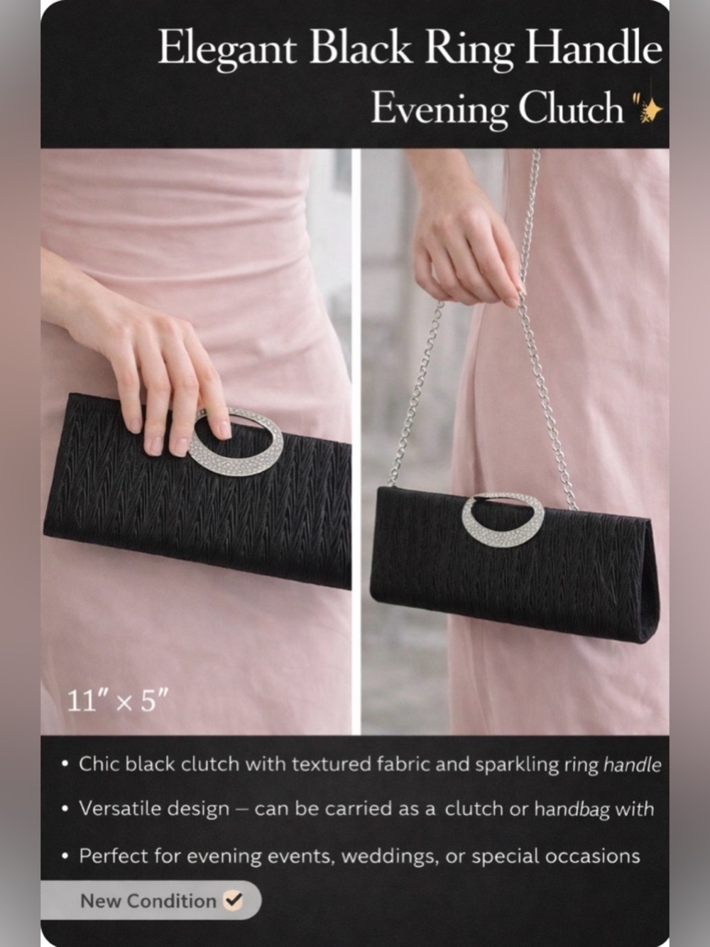 Elegant Black Ring Handle Evening Clutch Bag w/ Chain Strap - Picture 2 of 2